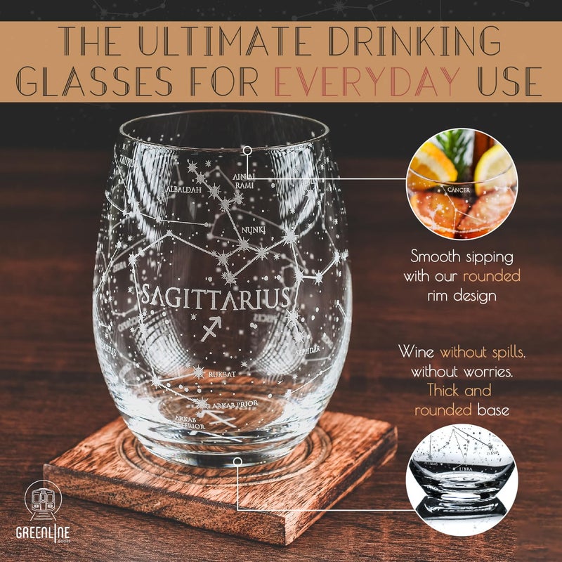 Greenline Goods Sagittarius Stemless Wine Glasses Zodiac Sagittarius Set Hand Etched 15 oz (Set of 2) - Astrology Sign Glassware - Image 2